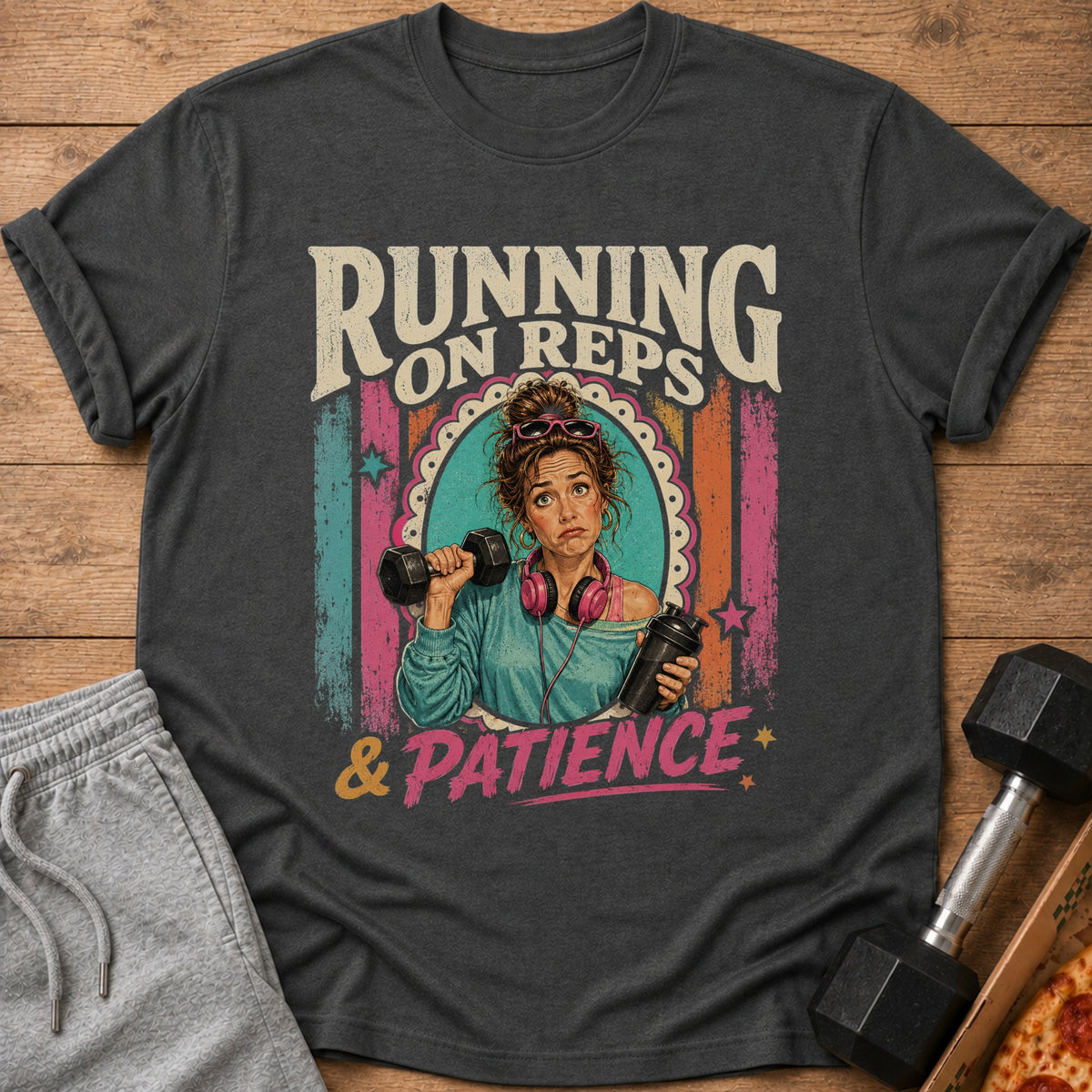 T-shirt with text "RUNNING ON REPS & PATIENCE" and a woman holding dumbbells.