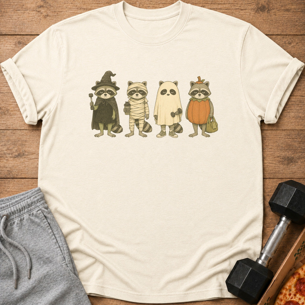 Four raccoons in Halloween costumes: witch, mummy, ghost, and pumpkin.