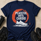 Navy t-shirt with "Peaceful Until Cardio" text and running shoe graphic.