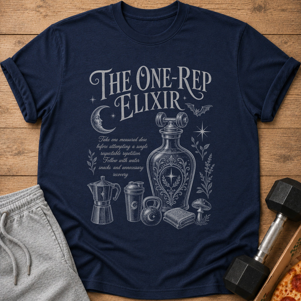 Navy t-shirt with "The One-Rep Elixir" text and gym graphics.