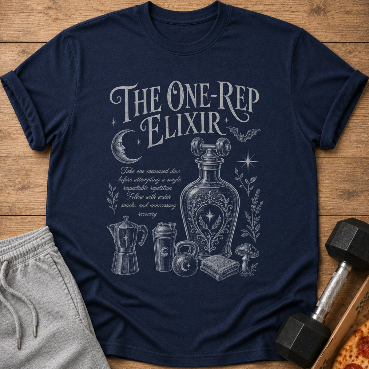 Navy t-shirt with "The One-Rep Elixir" text and gym graphics.