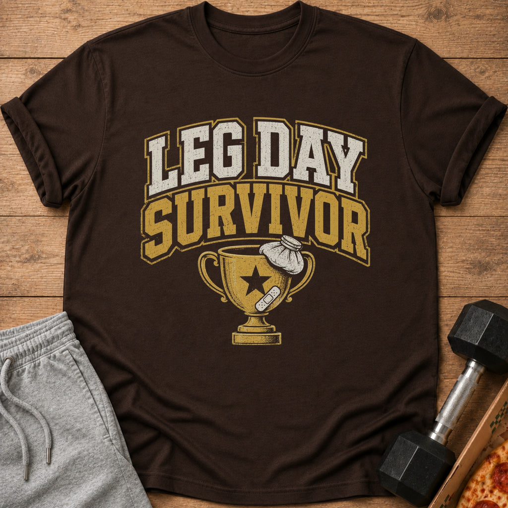 Brown t-shirt with "LEG DAY SURVIVOR" text and trophy graphic.