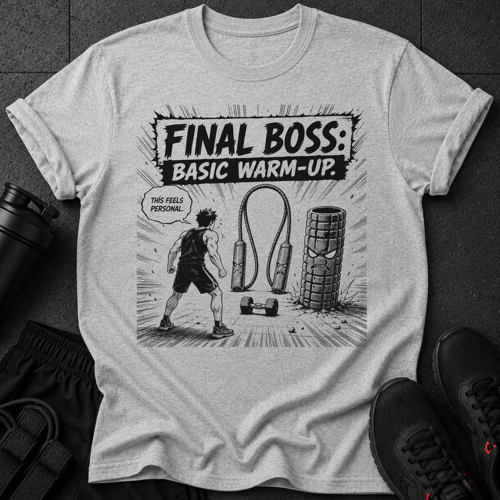 Gray t-shirt with "FINAL BOSS: BASIC WARM-UP." text and fitness graphic.