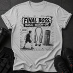 Gray t-shirt with "FINAL BOSS: BASIC WARM-UP." text and fitness graphic.