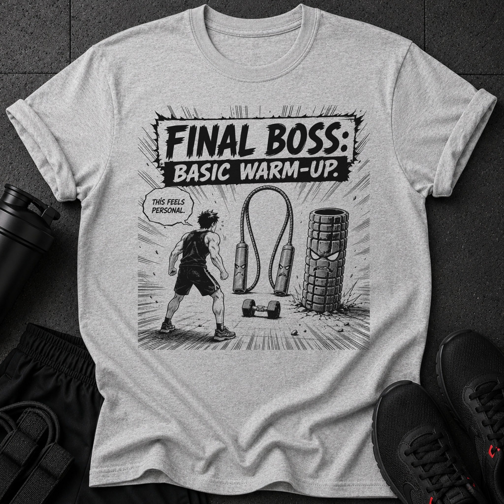 Gray t-shirt with "FINAL BOSS: BASIC WARM-UP." text and fitness graphic.