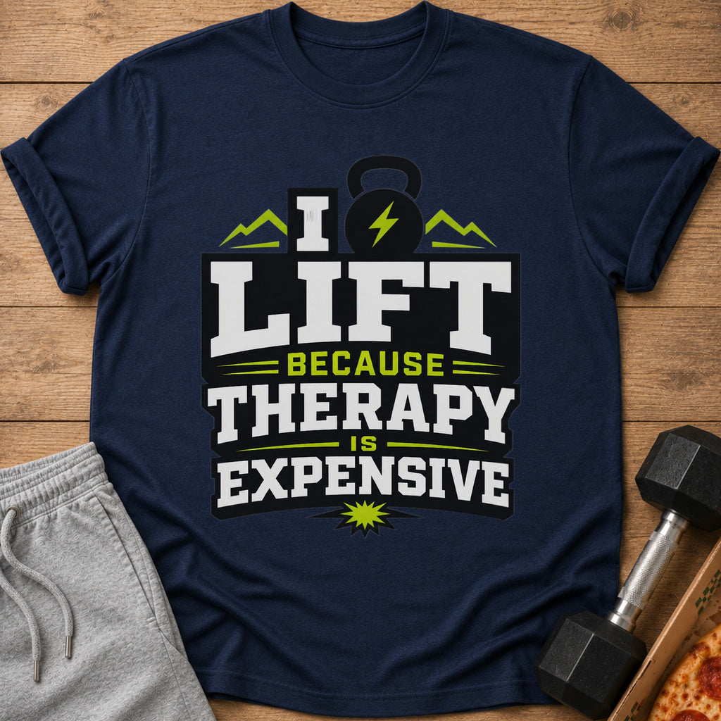 Navy t-shirt with "I Lift Because Therapy Is Expensive" graphic.