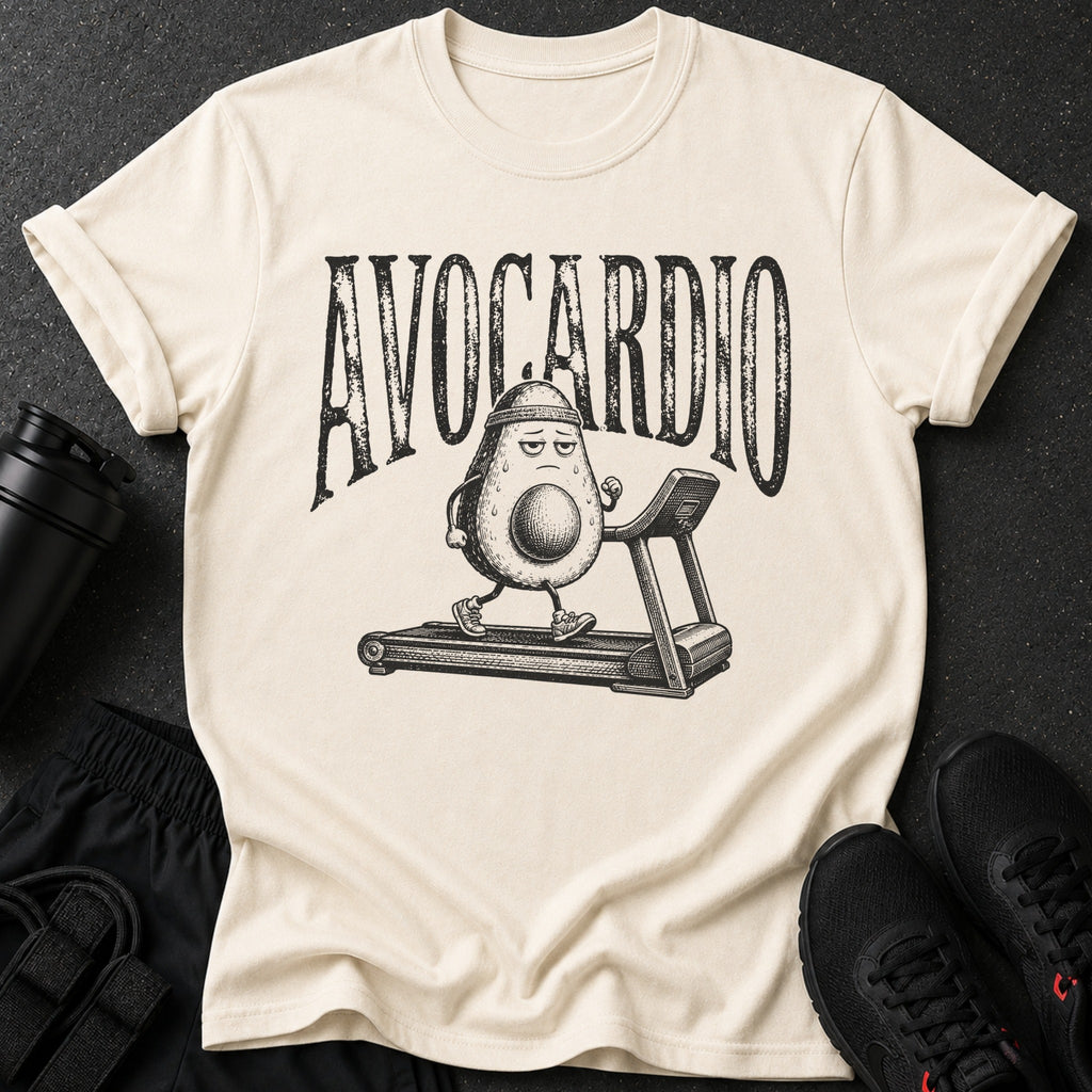 Cream t-shirt with "AVOCARDIO" text and avocado character running on treadmill.