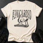 Cream t-shirt with "AVOCARDIO" text and avocado character running on treadmill.