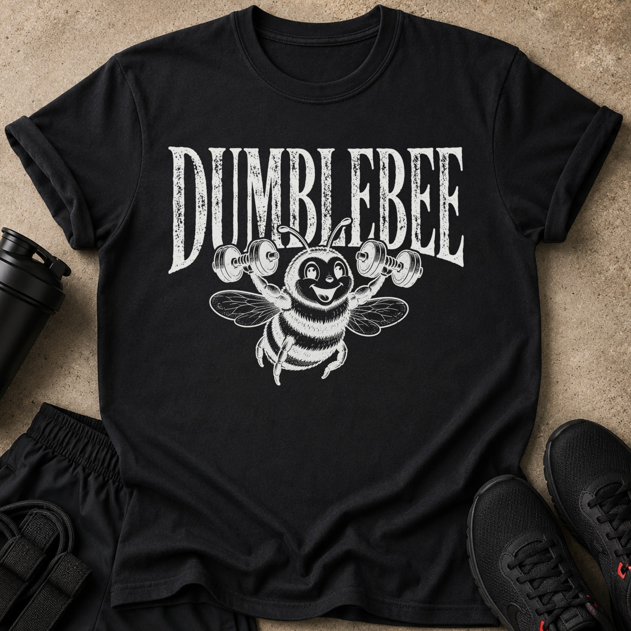 Black t-shirt with white distressed text "DIMBLEBEE" above a cartoon bee lifting dumbbells.