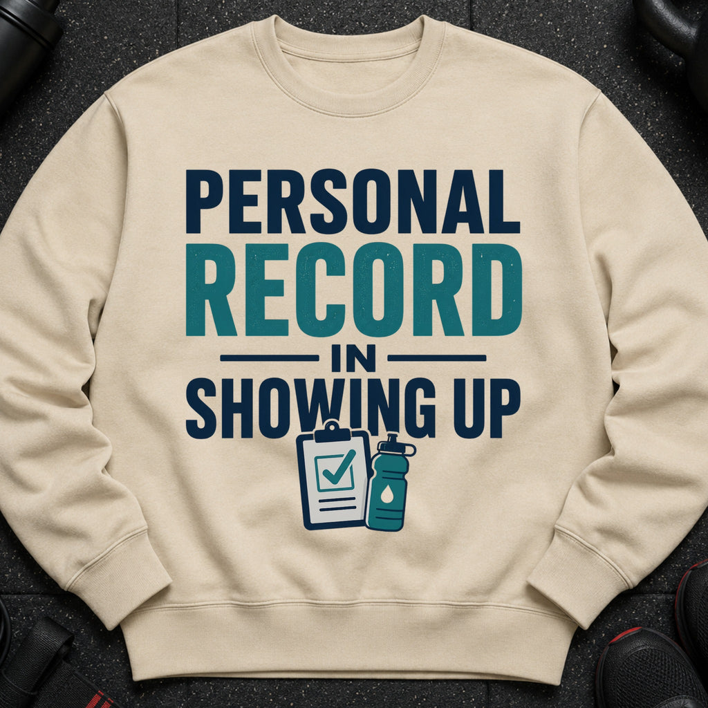 Light beige sweatshirt with "Personal Record In Showing Up" text and workout icons.