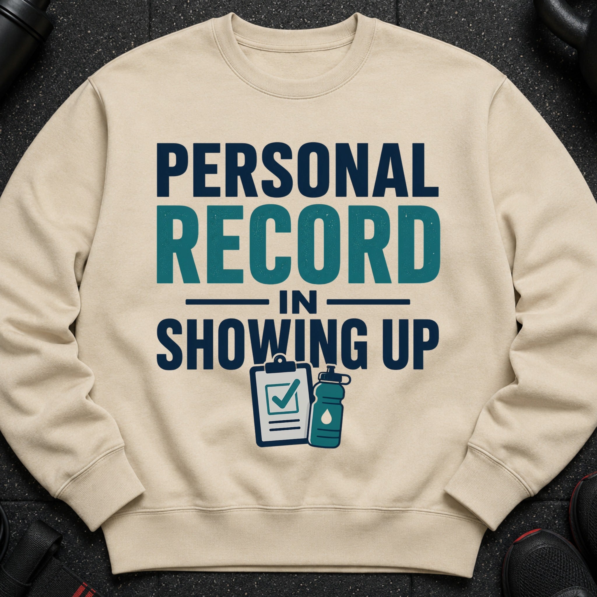 Light beige sweatshirt with "Personal Record In Showing Up" text and workout icons.