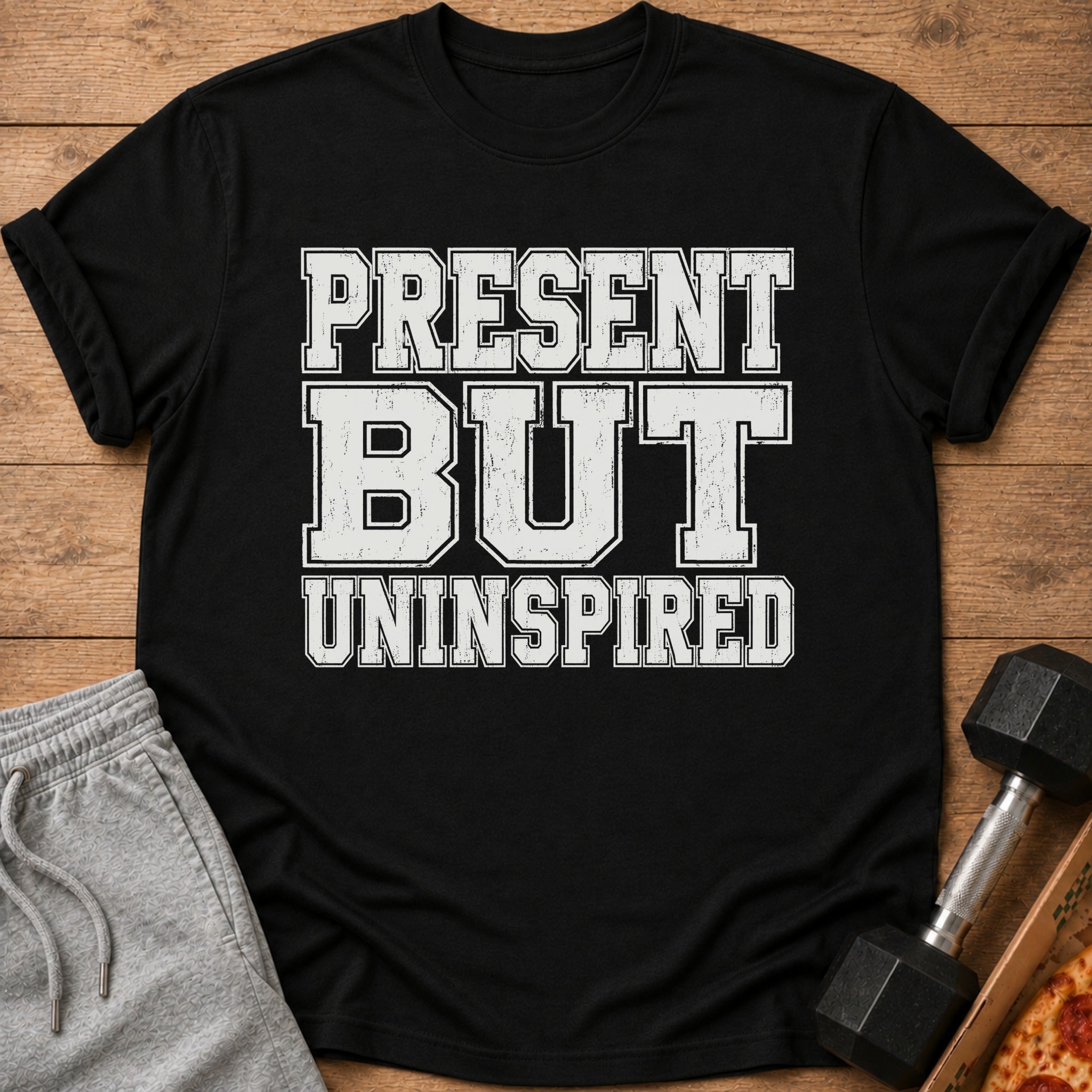 Black t-shirt with distressed text "PRESENT BUT UNINSPIRED", alongside sweatpants and dumbbell.