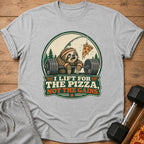 Grey t-shirt with a graphic of a sloth lifting weights and pizza, reading "I lift for the pizza, not the gains."