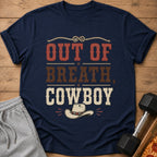 Navy t-shirt with distressed text "OUT OF BREATH, COWBOY" and a cowboy hat graphic.