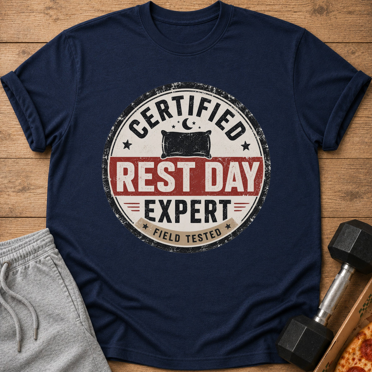 Navy t-shirt with distressed circular graphic reading "Certified Rest Day Expert Field Tested".