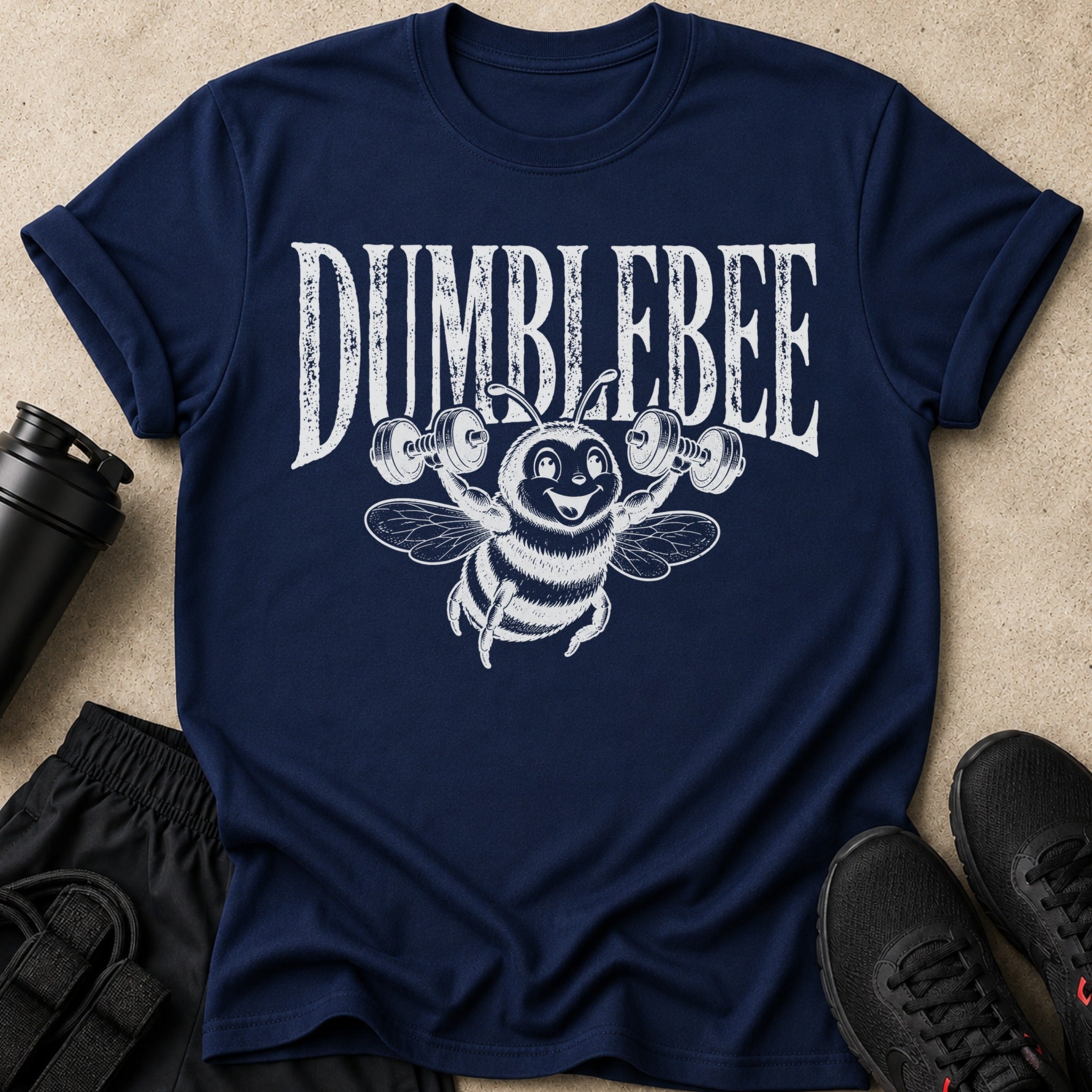 Dark blue t-shirt with white "DIMBLEBEE" text and a cartoon bee lifting weights.