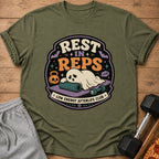 Ghost on yoga mat with text "Rest in Reps Low Energy Afterlife Club."