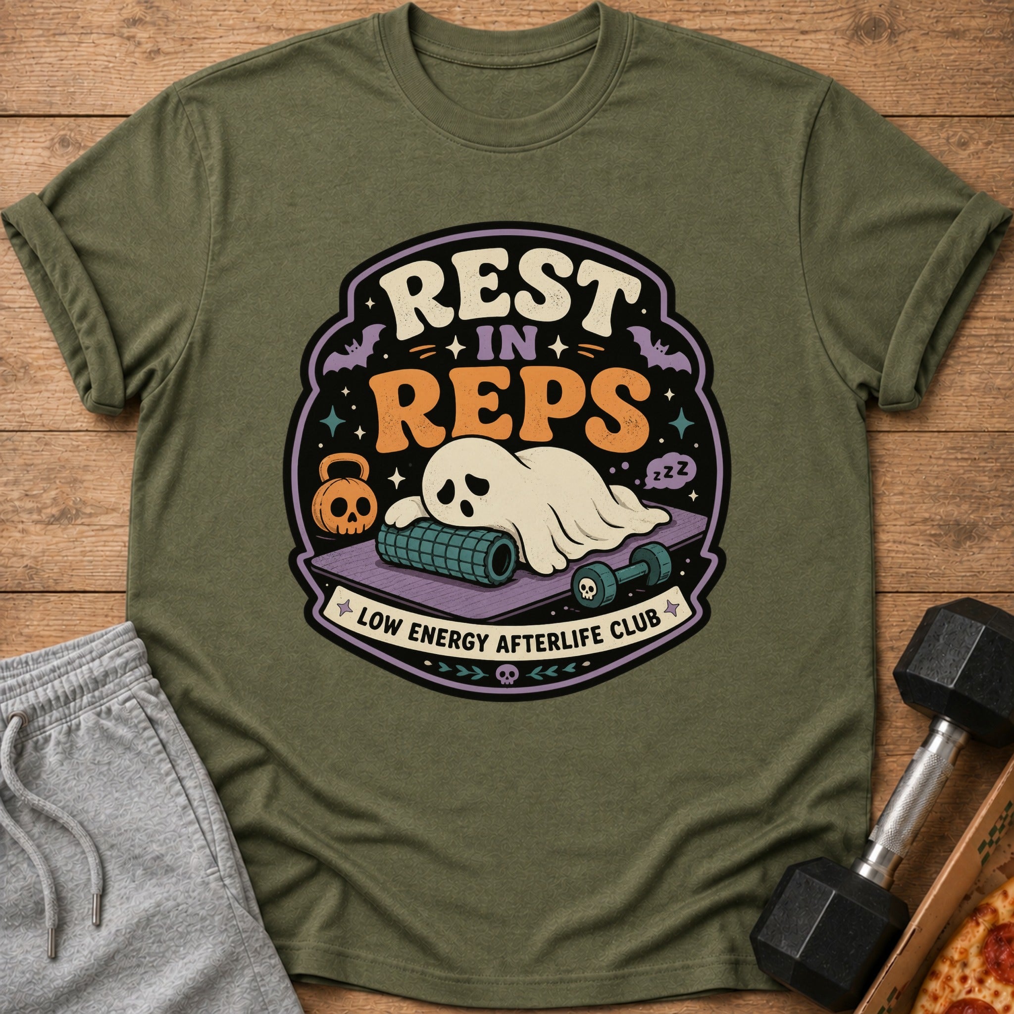 Ghost on yoga mat with text "Rest in Reps Low Energy Afterlife Club."