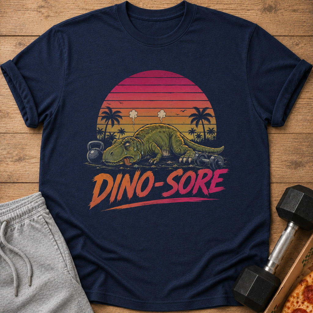 T-shirt graphic of a tired dinosaur with weights and the text "DINO-SORE".