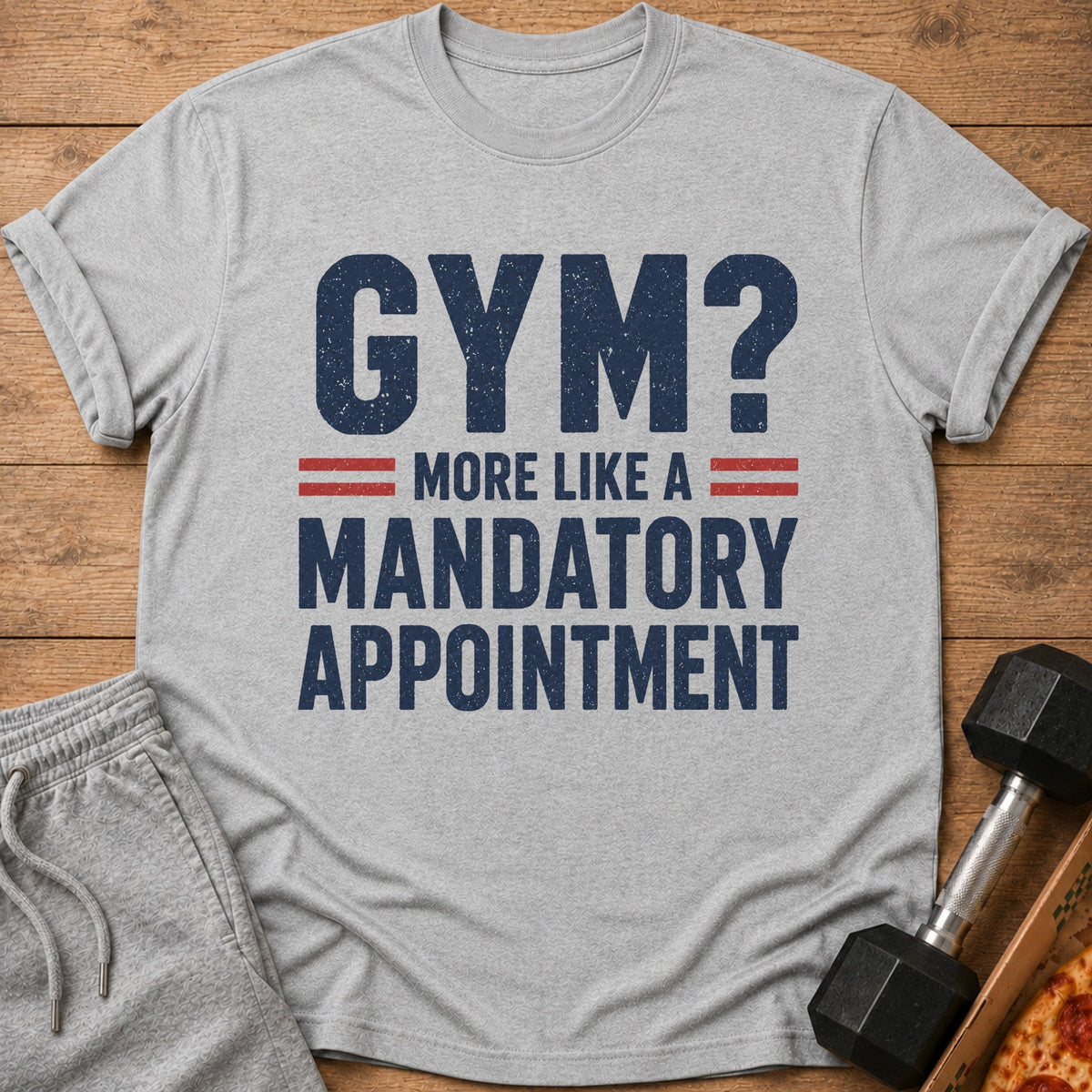 Grey t-shirt with "GYM? MORE LIKE A MANDATORY APPOINTMENT" text.