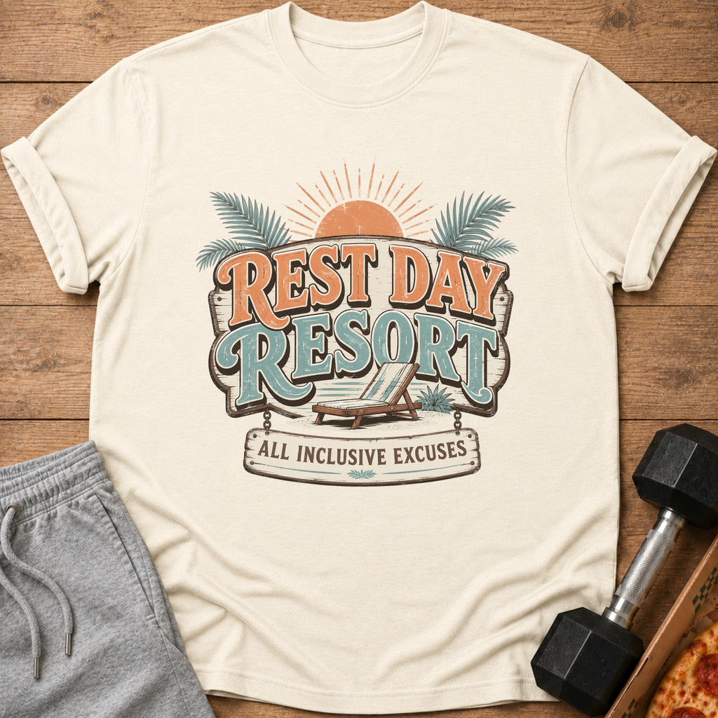 Cream t-shirt with "Rest Day Resort All Inclusive Excuses" graphic and beach chair.