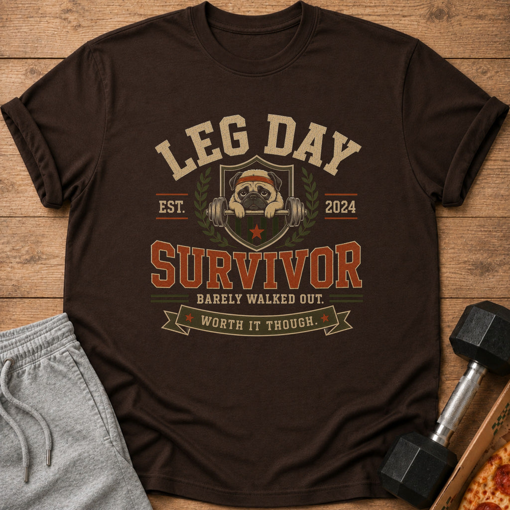 Brown t-shirt with pug holding barbell graphic and text "Leg Day Survivor".