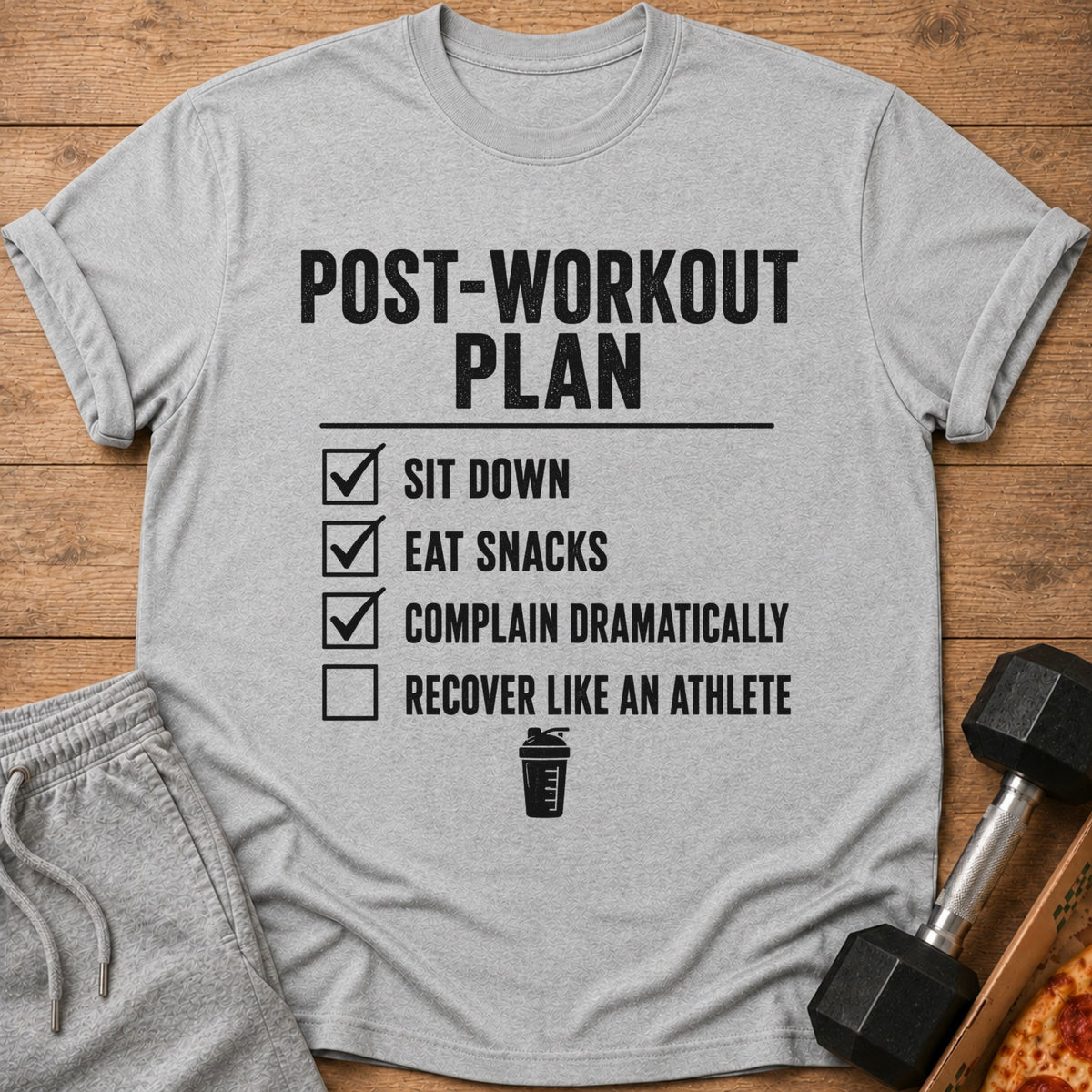 Gray t-shirt with "POST-WORKOUT PLAN" and a checklist.