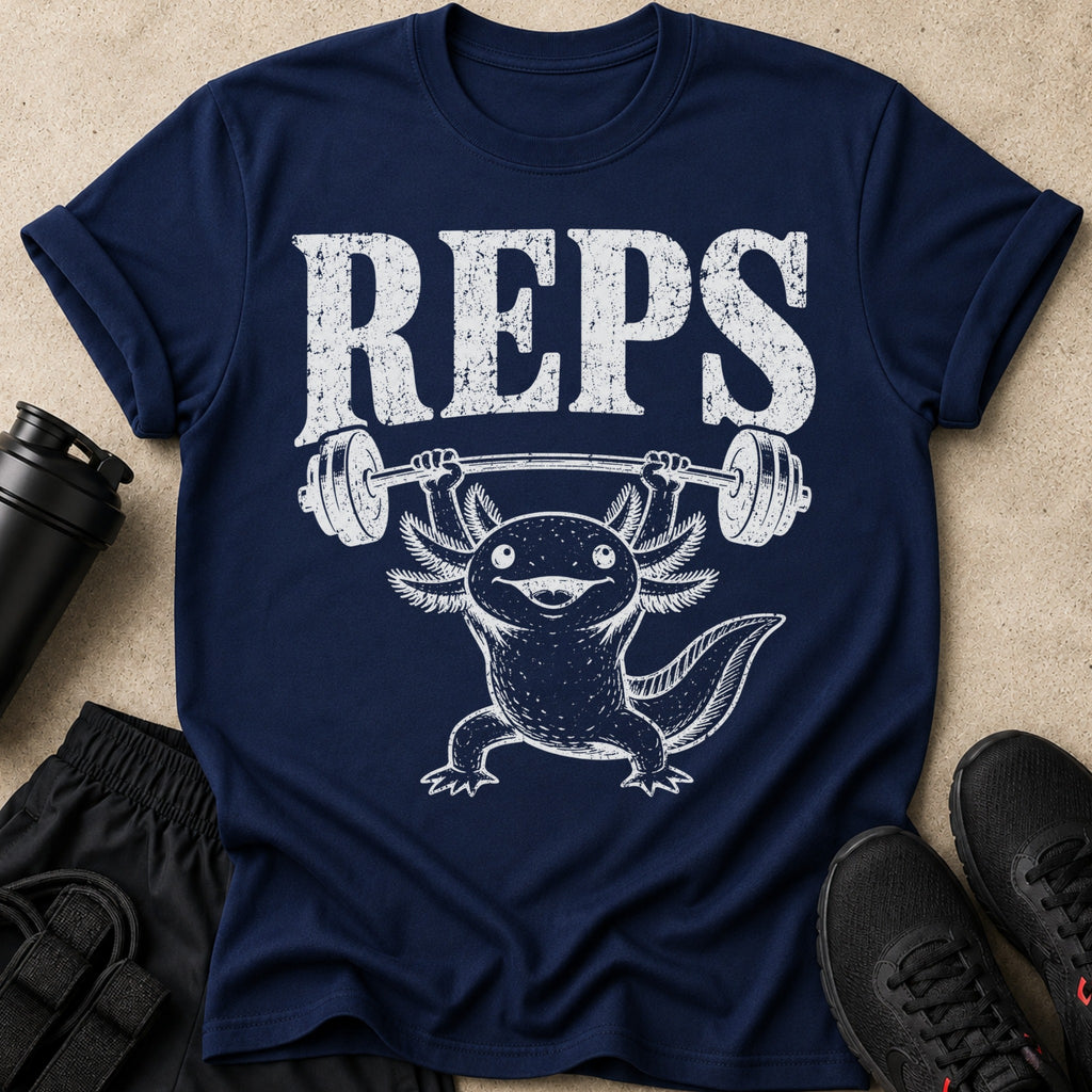 Navy t-shirt with white "REPS" text and an axolotl lifting a barbell.