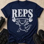 Navy t-shirt with white "REPS" text and an axolotl lifting a barbell.