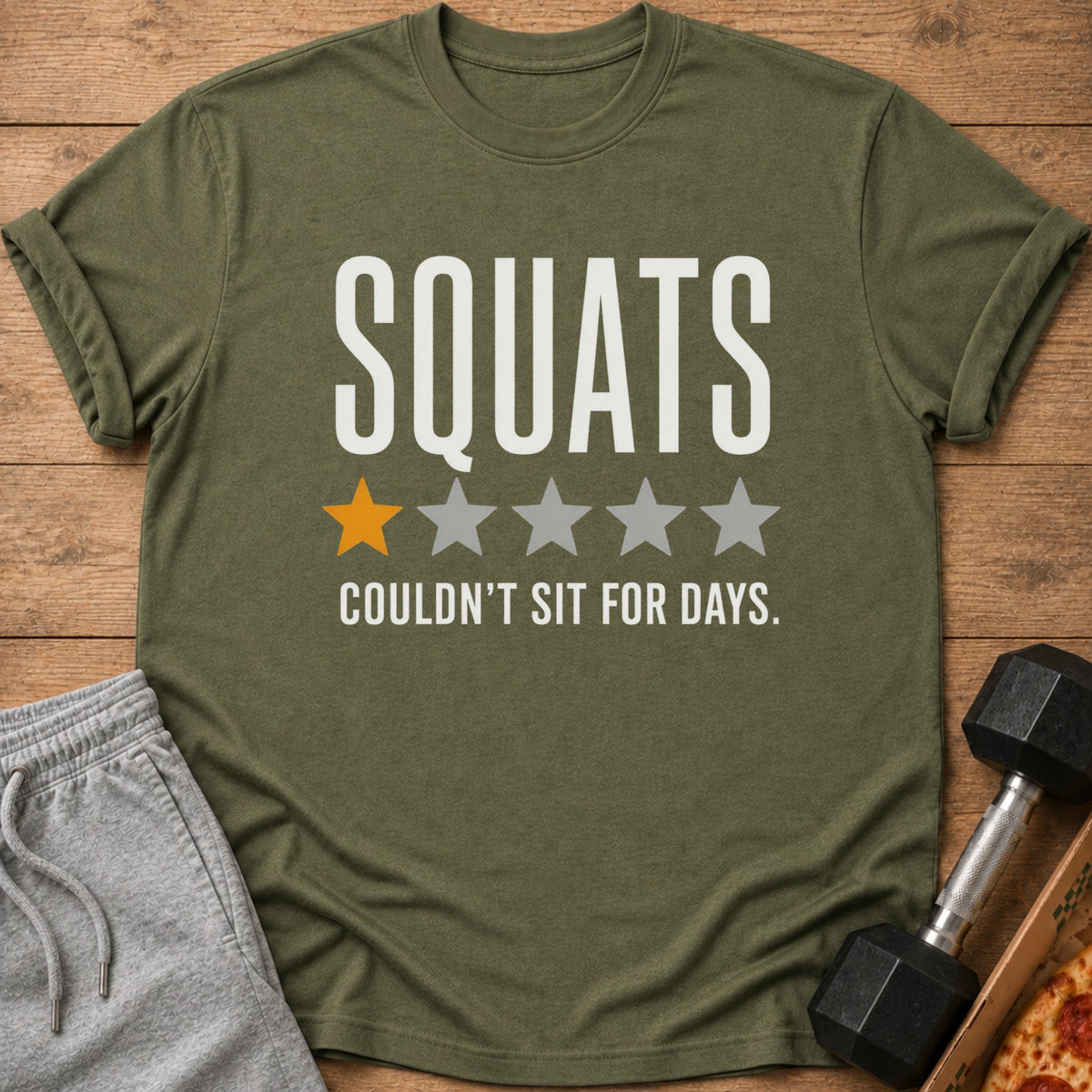 Olive green t-shirt with "SQUATS" and one orange star rating.