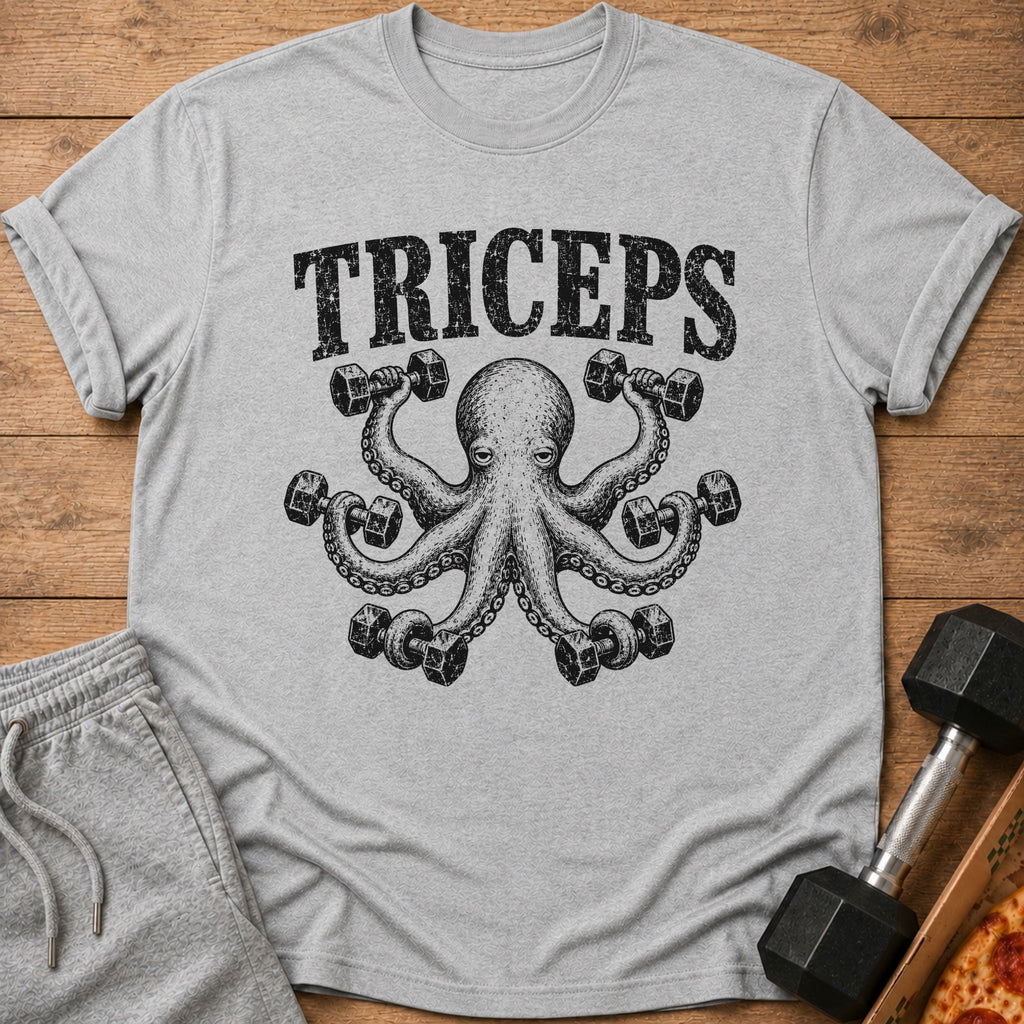 Gray t-shirt with black distressed print of an octopus lifting dumbbells, and the word "TRICEPS".