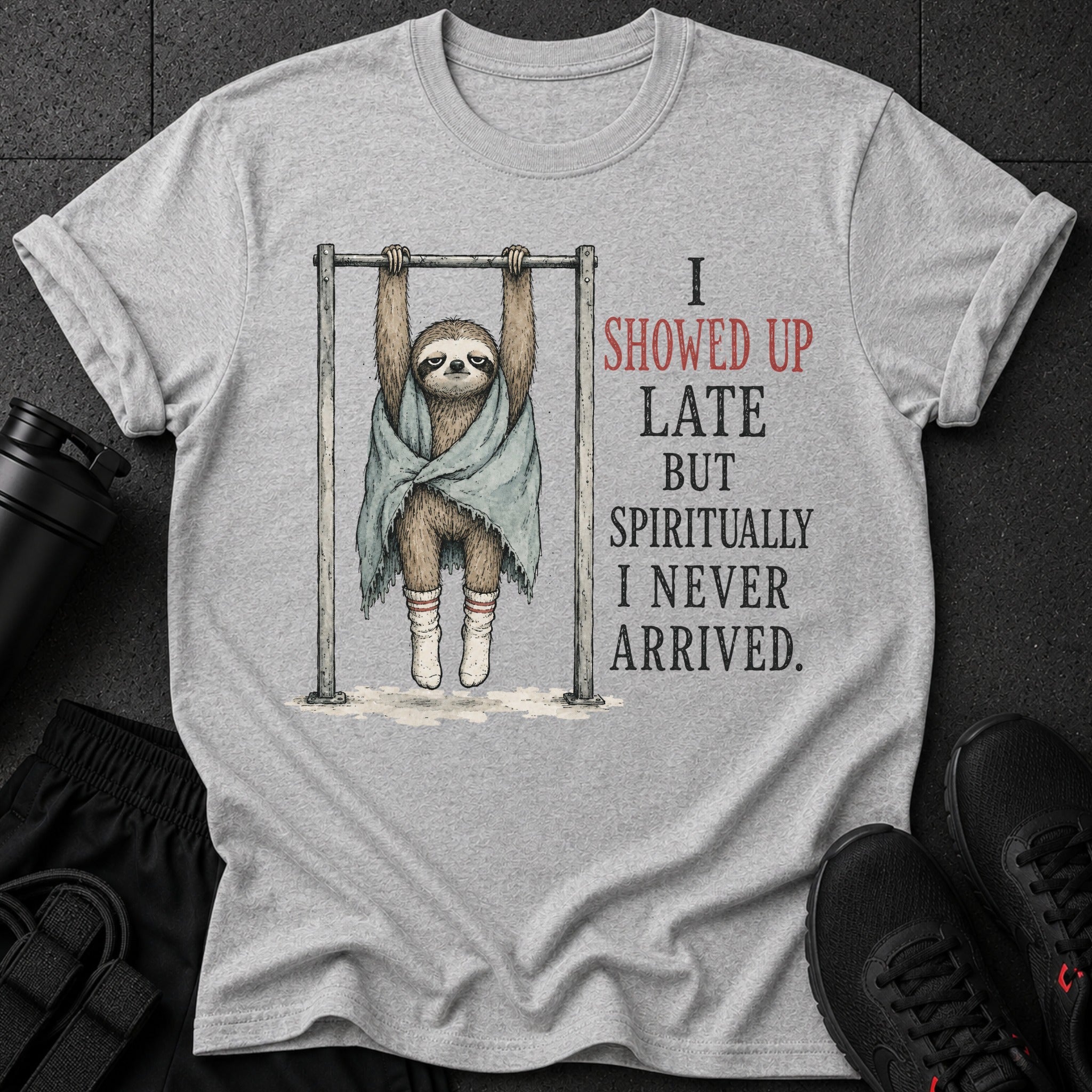 Sloth on pull-up bar with text "I showed up late but spiritually I never arrived."