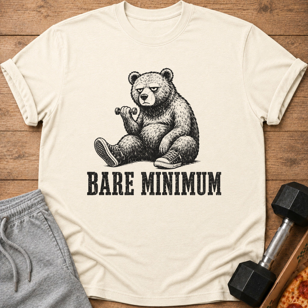 Bear lifting dumbbell with text "BARE MINIMUM" on cream t-shirt.