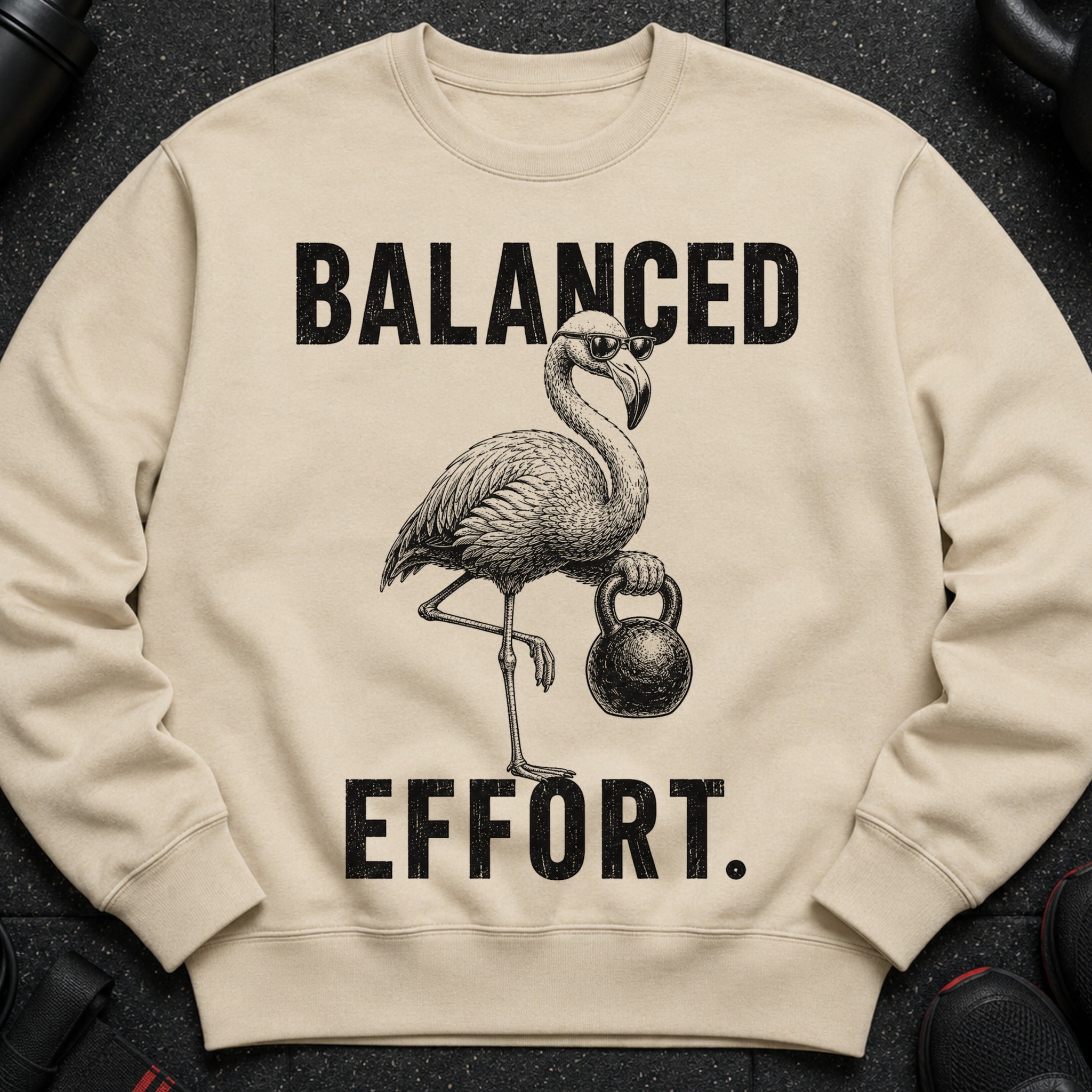 Cream sweatshirt with a flamingo holding a kettlebell and text "BALANCED EFFORT."