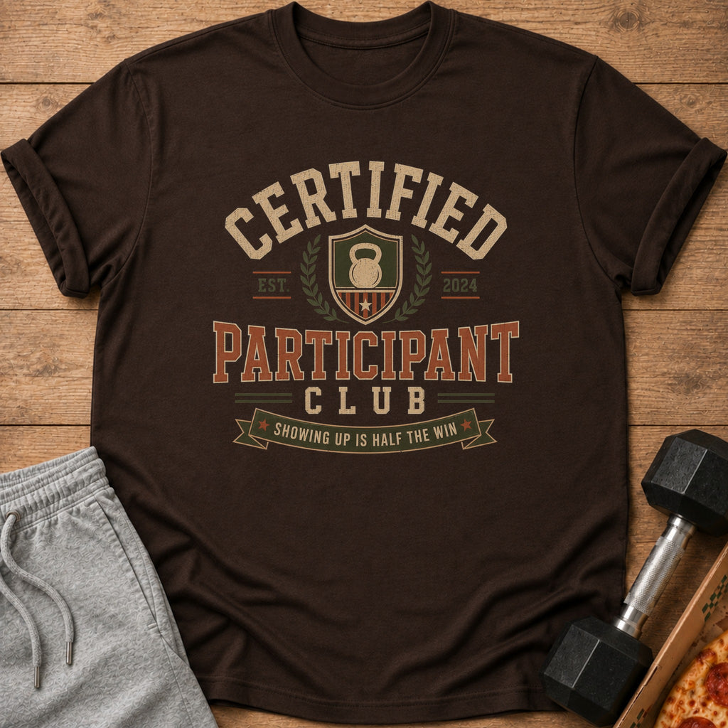 Brown t-shirt with "Certified Participant Club" and kettlebell graphic.