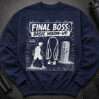 Navy sweatshirt with "Final Boss: Basic Warm-Up" graphic and cartoon workout elements.