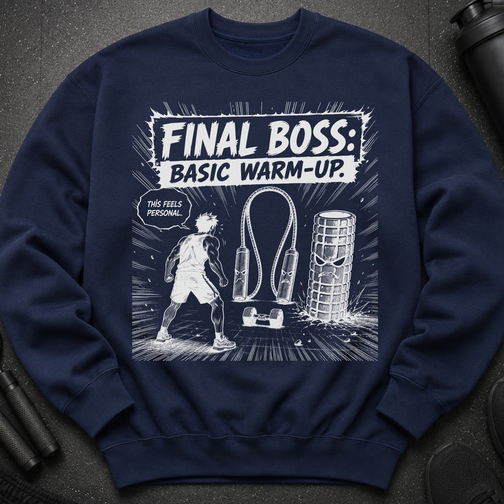 Navy sweatshirt with "Final Boss: Basic Warm-Up" graphic and cartoon workout elements.