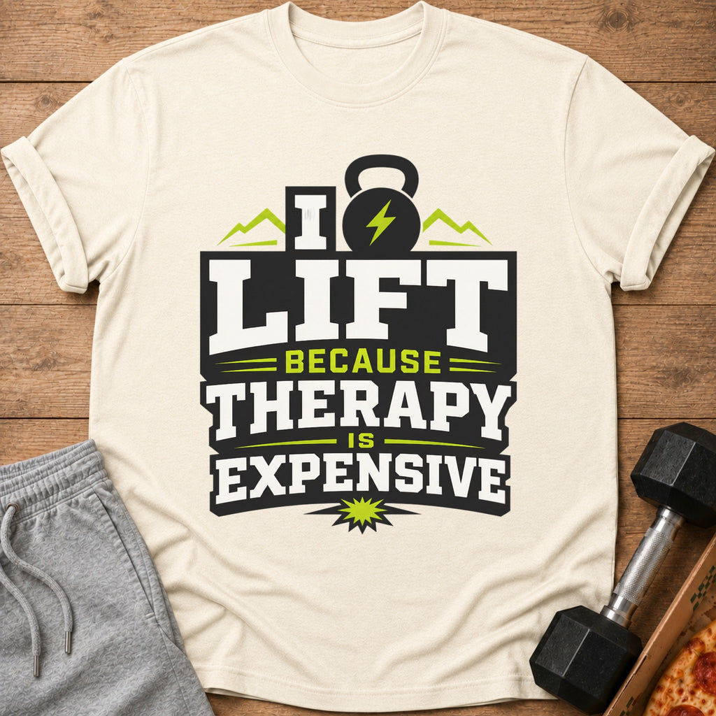 Cream t-shirt with "I Lift Because Therapy Is Expensive" graphic and kettlebell.