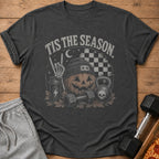 Dark grey t-shirt with a vintage graphic of a pumpkin, weights, and skeleton hand.