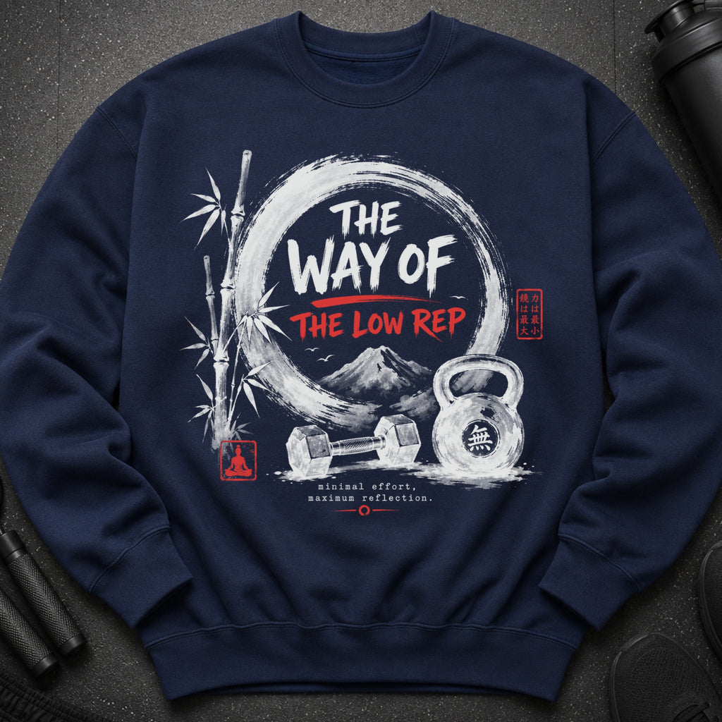 Dark navy sweatshirt with Japanese-inspired graphic: "The Way of The Low Rep", dumbbell, kettlebell, bamboo.