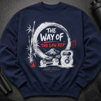 Dark navy sweatshirt with Japanese-inspired graphic: "The Way of The Low Rep", dumbbell, kettlebell, bamboo.