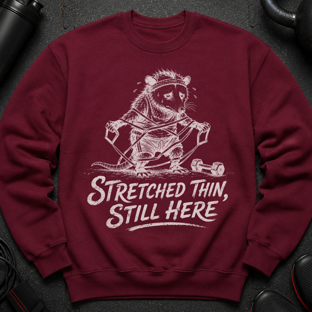 Maroon sweatshirt with a white distressed graphic of a possum exercising and the text "Stretched Thin, Still Here."