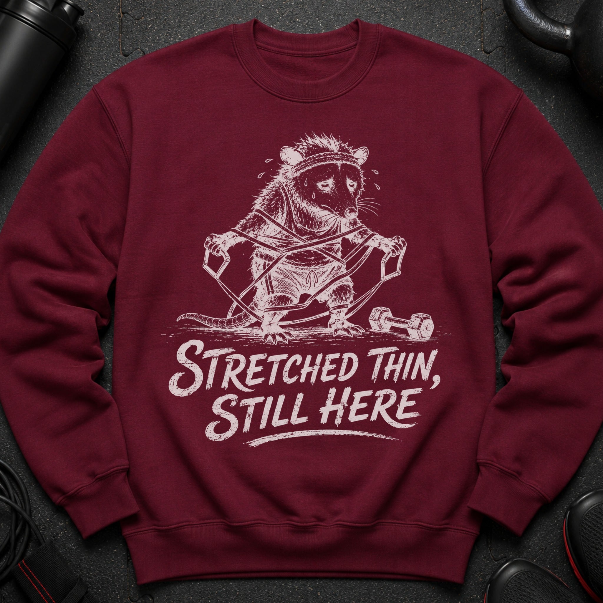 Maroon sweatshirt with a white distressed graphic of a possum exercising and the text "Stretched Thin, Still Here."