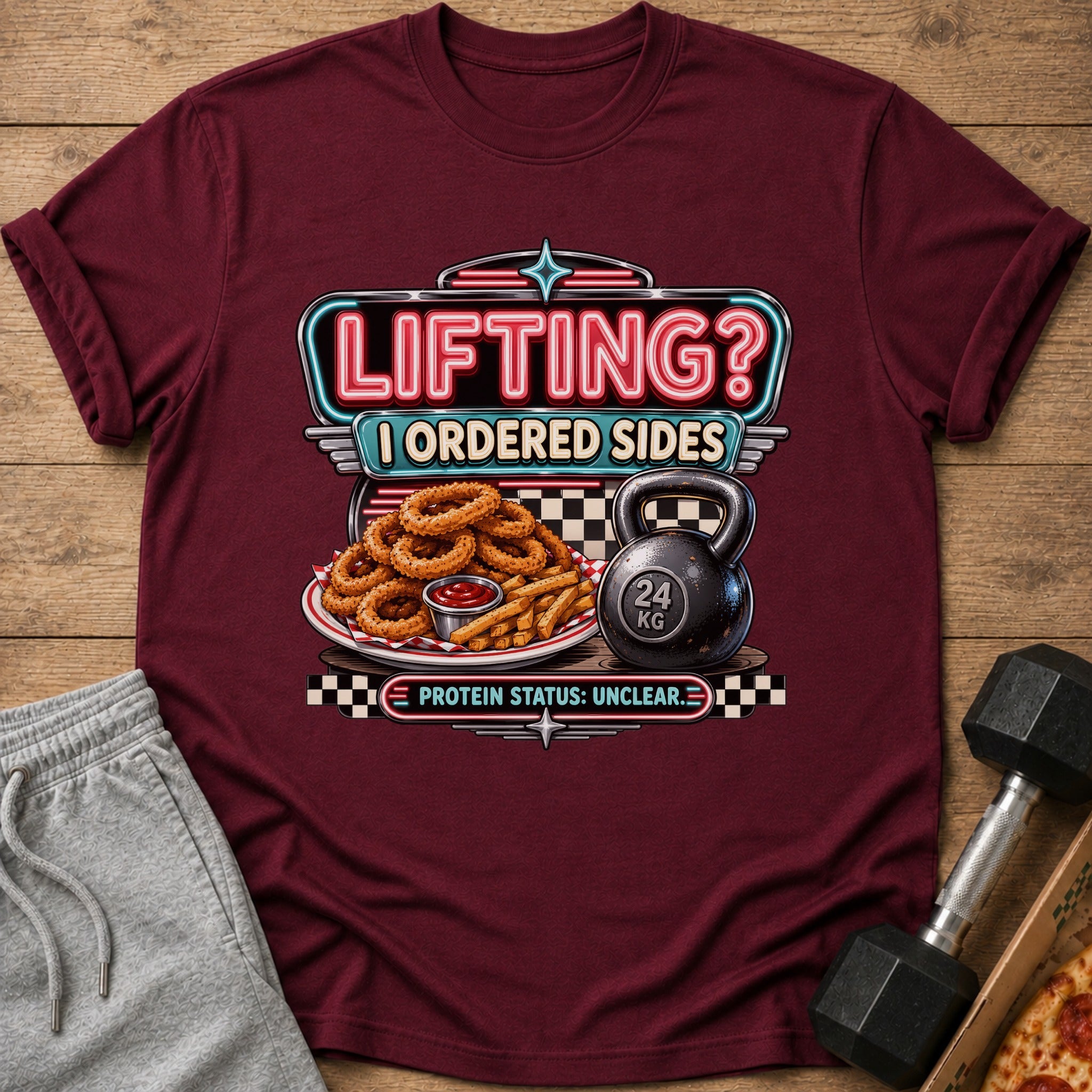 T-shirt with "Lifting? I Ordered Sides" text, onion rings, fries, and a kettlebell.