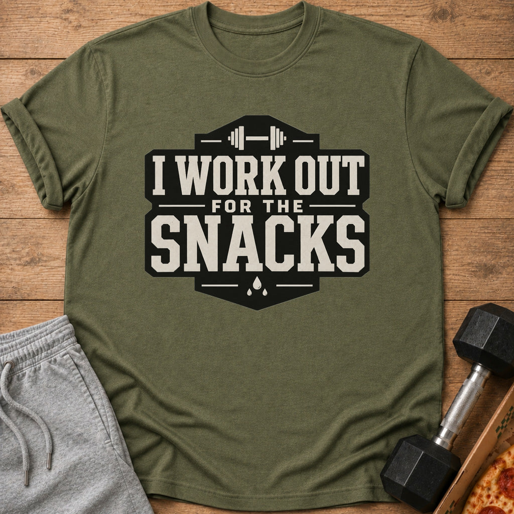Green t-shirt with text "I WORK OUT FOR THE SNACKS" and dumbbell.
