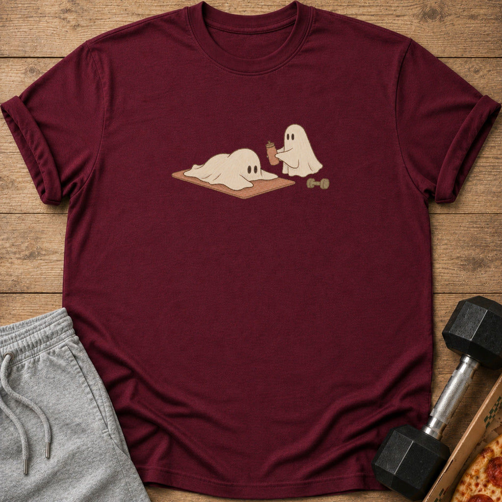Burgundy t-shirt with two ghosts exercising and drinking.