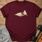 Burgundy t-shirt with two ghosts exercising and drinking.