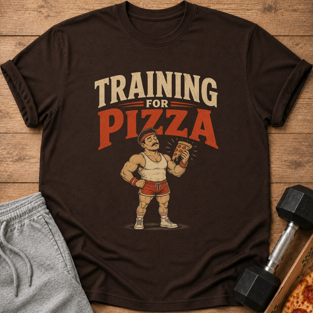 Brown t-shirt with graphic "Training for Pizza" and a cartoon man holding pizza.