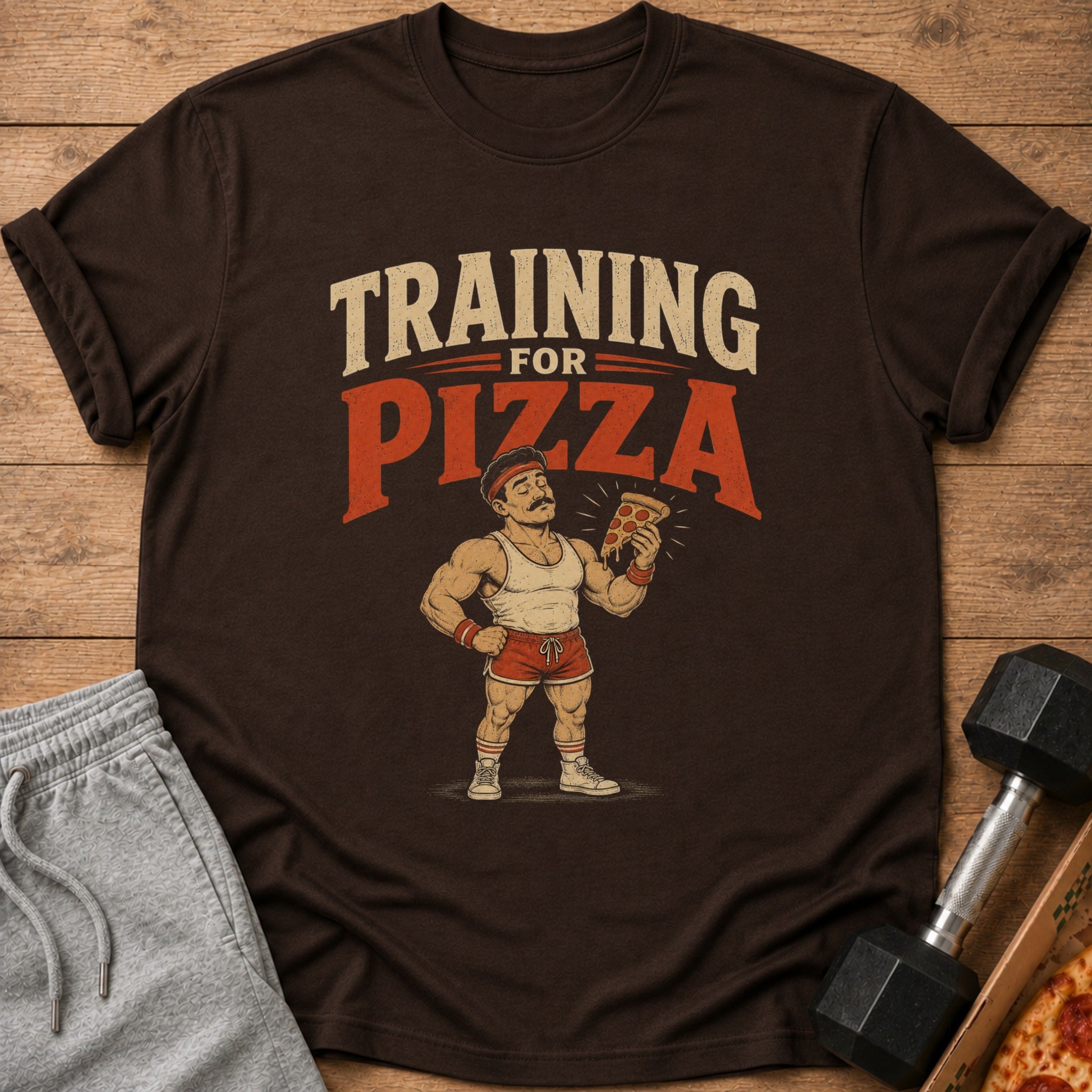 Brown t-shirt with graphic "Training for Pizza" and a cartoon man holding pizza.
