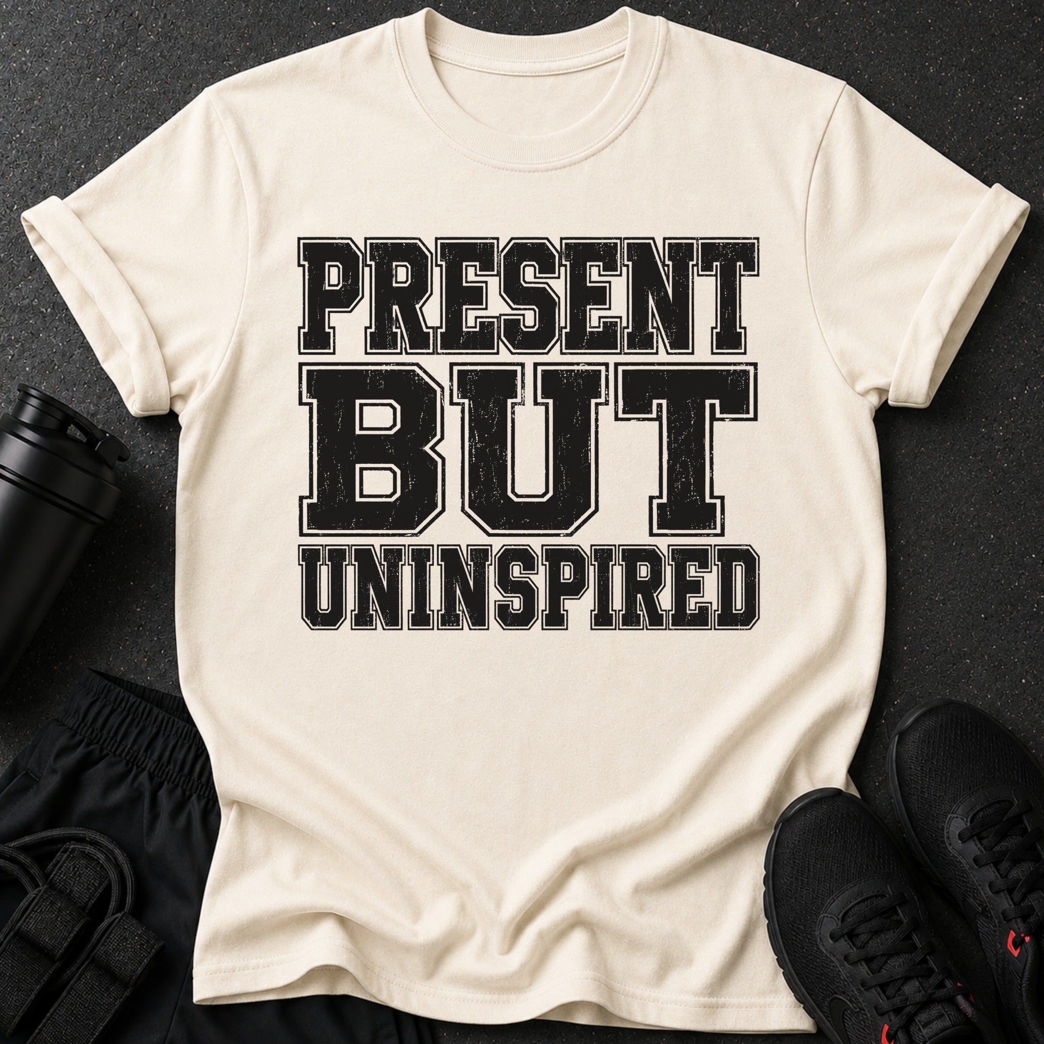 Cream t-shirt with black text reading "PRESENT BUT UNINSPIRED".